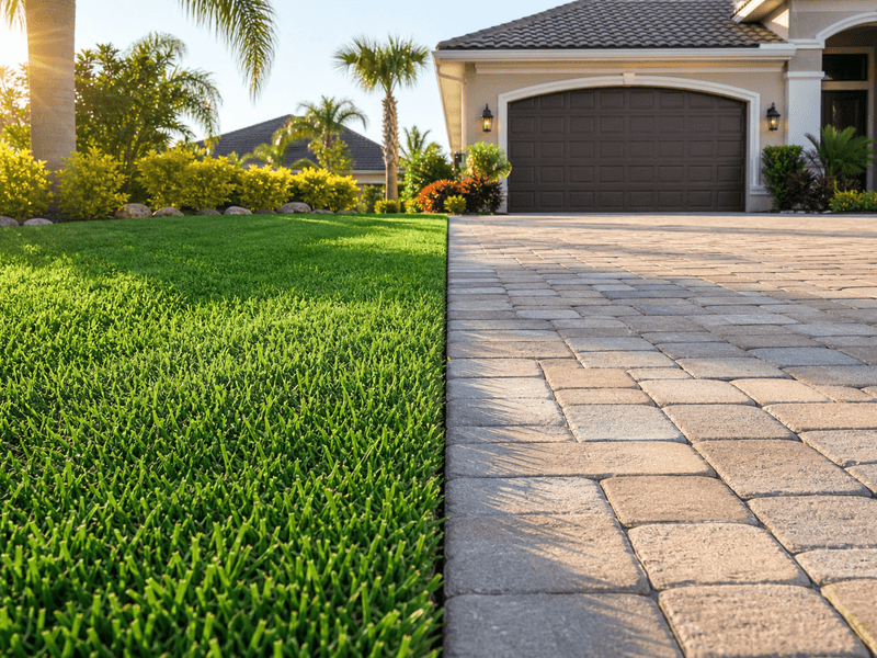 Crisp lawn edge along a paver driveway in Tampa