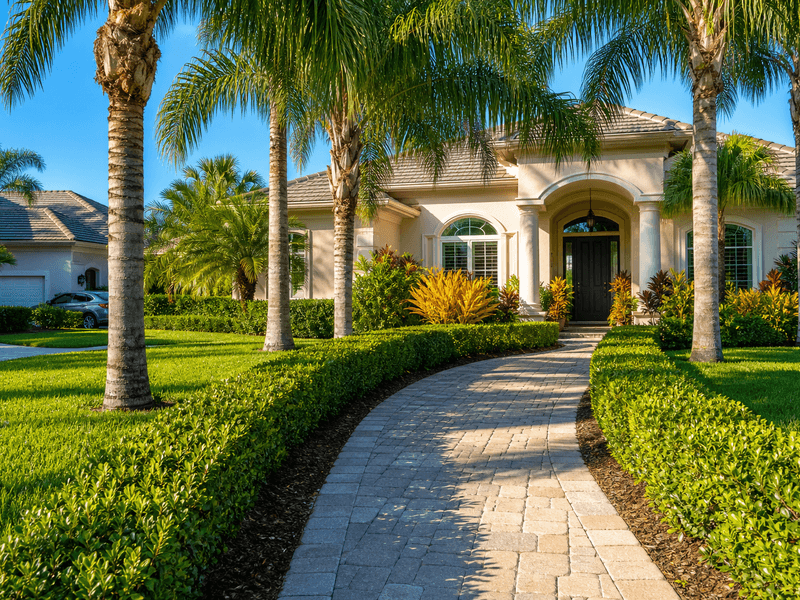 Trimmed hedges and palm-lined walkway in Tampa