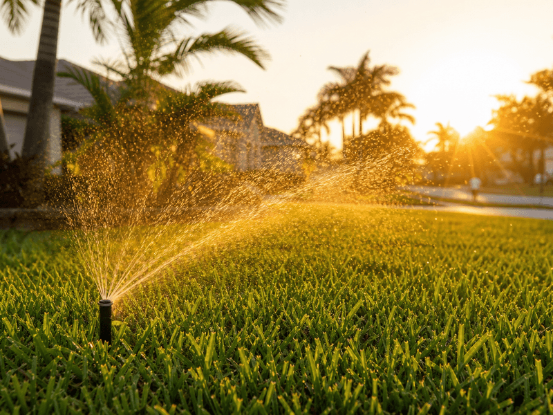 Sprinkler watering a healthy green lawn in Tampa